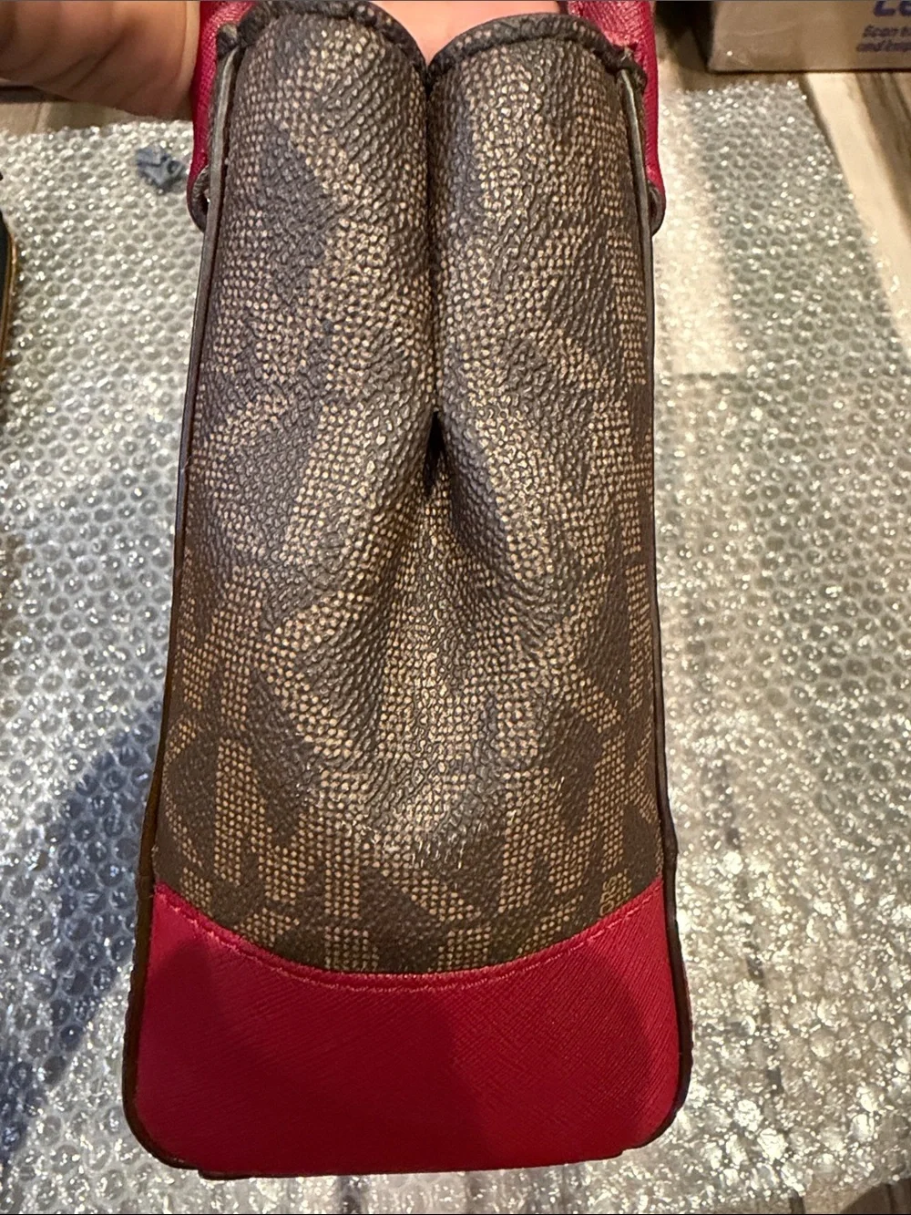 Michael Kors Brown & Red Logo Satchel with Gold Hardware